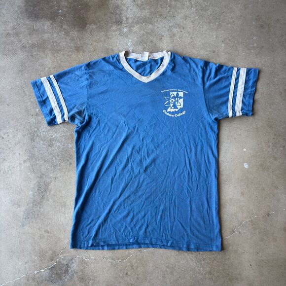 VINTAGE 90S SCIENCE OLYMPAID GOSHEN COLLEGE RINGER T-SHIRT GRAPHIC MENS LARGE - Picture 2 of 5